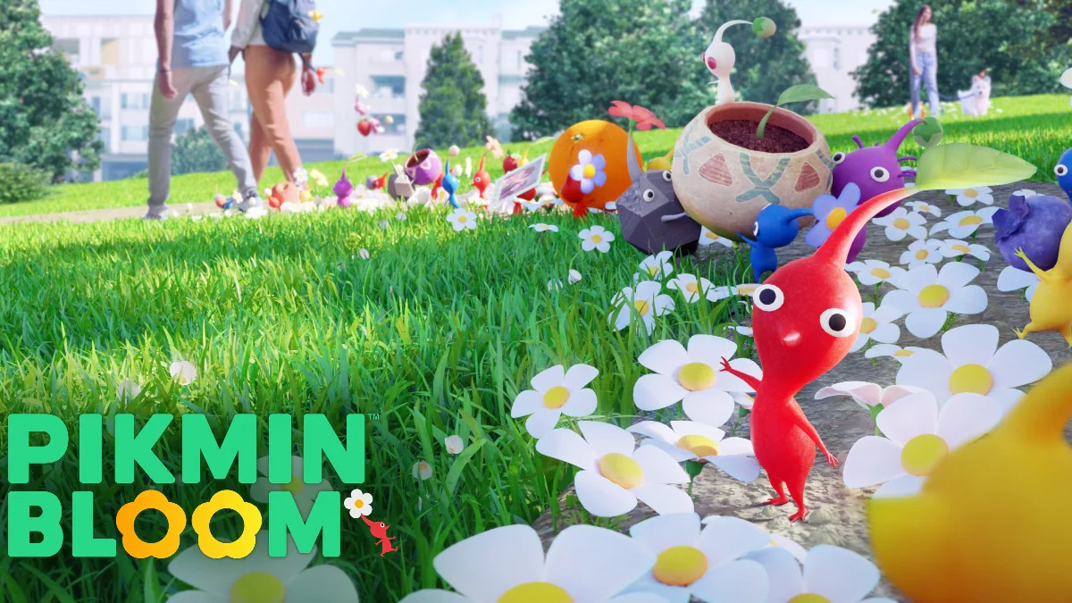 Verschillende pikmin op met bloemen op een wandelpad.